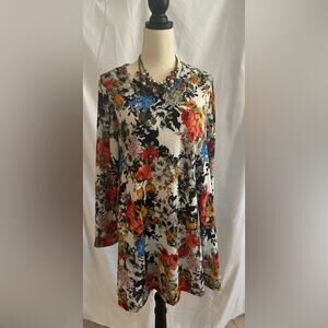 Discreet Women’s Trapeze Dress Tunic Cream Floral Print Long Sleeve Stretch XL